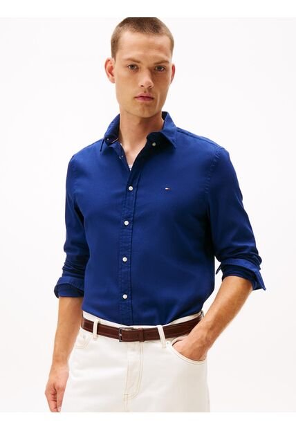 Camisa Azul Slim De Hilo Teñido Tommy Hilfiger