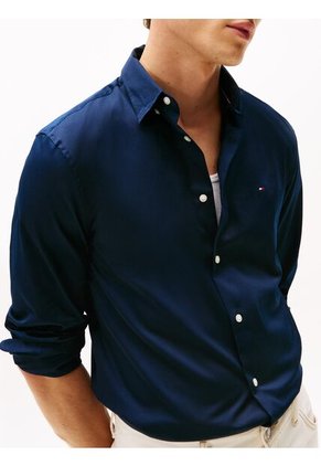 Camisa Azul Solid Con Logo Tommy Hilfiger