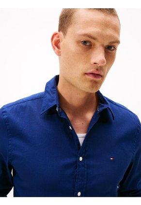 Camisa Azul Slim De Hilo Teñido Tommy Hilfiger
