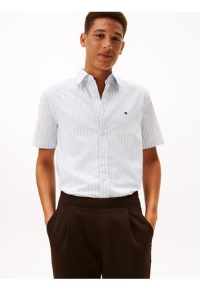 Camisa Celeste Flex Poplin De Rayas Manga Corta Con Logo Tommy Hilfiger