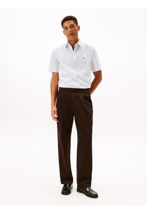 Camisa Celeste Flex Poplin De Rayas Manga Corta Con Logo Tommy Hilfiger