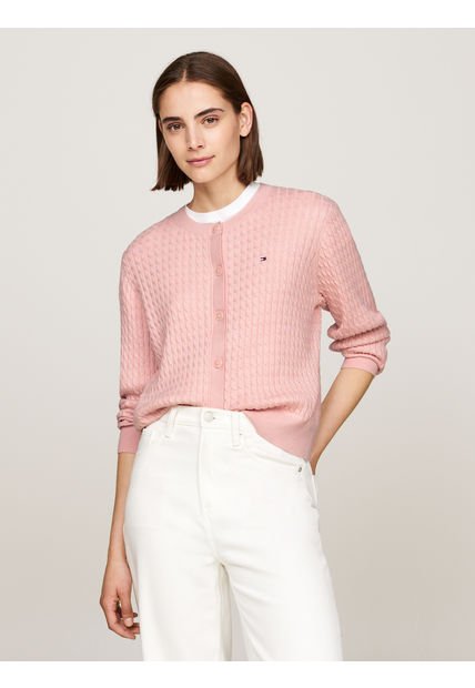 Cárdigan Rosa De Punto Trenzado Con Cuello Redondo Tommy Hilfiger