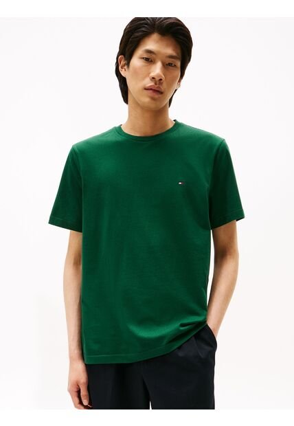 Camiseta Verde De Cuello Redondo Con Logo Bordado Tommy Hilfiger