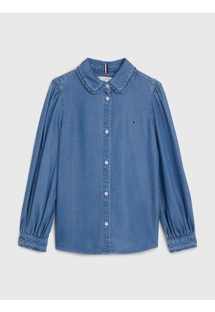 Camisa Azul Manga Larga Con Cuello De Volantes Tommy Hilfiger