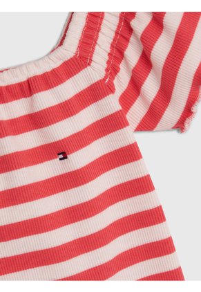 Vestido Rosado A Rayas Con Escote Hombros Descubiertos Tommy Hilfiger