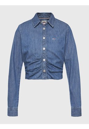 Camisa Vaquera Cropped Con Frunces Azul Tommy Jeans