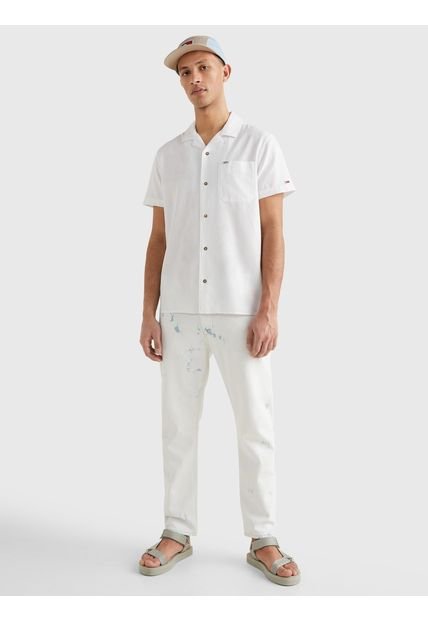 Camisa De Manga Corta Con Cuello Cubano Blanco Tommy Jeans