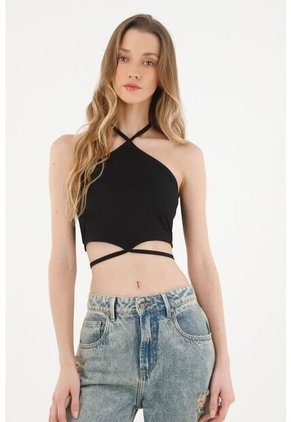 Topmark Camiseta Negra Crop Con Ajuste De Tiras Para Mujer