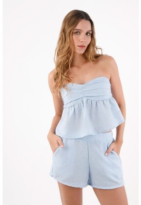 Topmark Top Strapless Para Mujer De Poliéster Azul Celeste Corte Peplum Con Pliegues En El Busto