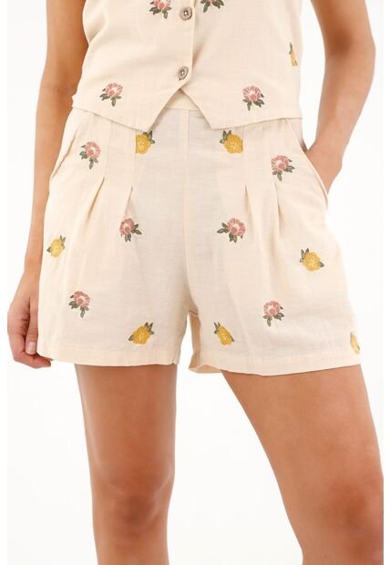 Bermuda Con Flores Bordadas Crudo Para Mujer