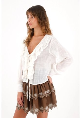 Topmark Camisa Manga Larga Con Boleros En Escote Crudo Para Mujer topmark