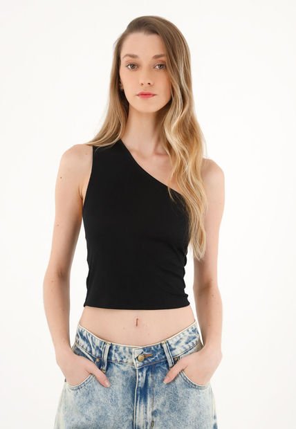 Camiseta De Un Solo Hombro Negra Para Mujer