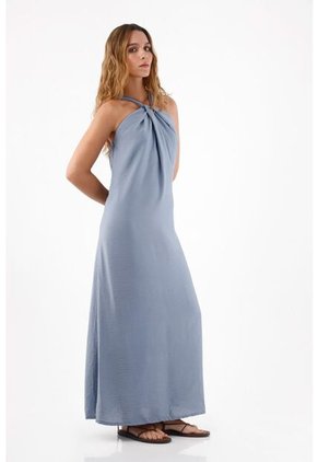 Topmark Vestido Para Mujer De Viscosa Azul Humo Relajado Con Escote Halter Anudado
