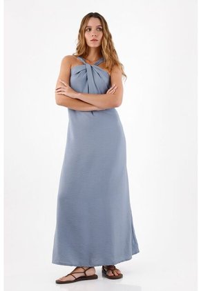 Topmark Vestido Para Mujer De Viscosa Azul Humo Relajado Con Escote Halter Anudado