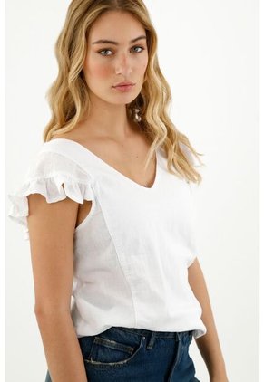 Camisa De Manga Con Boleros Blanca Para Mujer