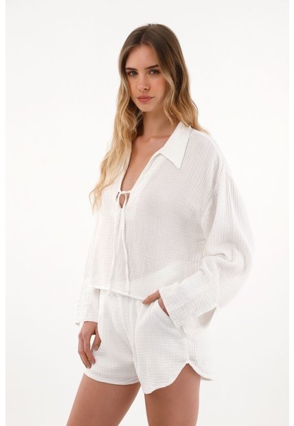 Topmark Camisa Manga Larga Con Tiras En Escote Crudo Para Mujer