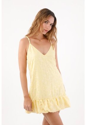 Topmark Vestido Corto Para Mujer De Poliéster Amarillo Fit Relajado Con Volante Fruncido