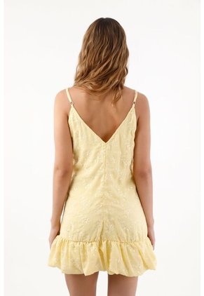 Topmark Vestido Corto Para Mujer De Poliéster Amarillo Fit Relajado Con Volante Fruncido