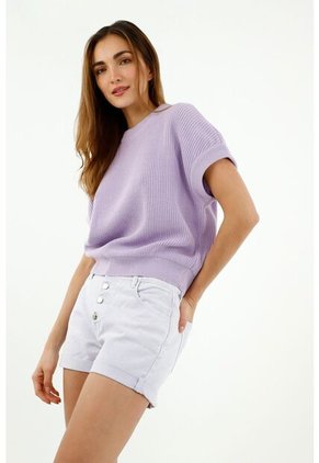 Buzo De Mujer, Silueta Amplia Cuello Redondo Manga Corta, Color Morado