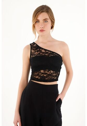 Topmark Crop Top Negro Tejido De Un Solo Hombro Para Mujer topmark