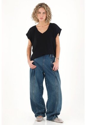 Topmark Camiseta Negra Manga Sisa Con Guardapolvo Para Mujer