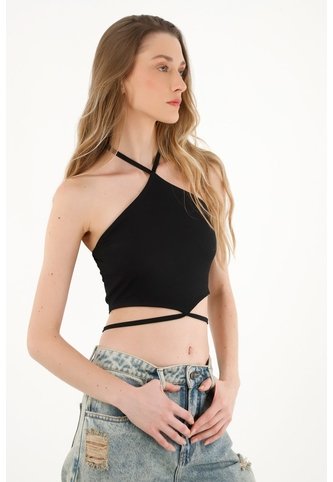 Topmark Camiseta Negra Crop Con Ajuste De Tiras Para Mujer topmark
