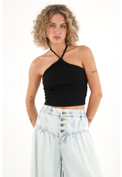 Topmark Camiseta Crop De Tiras Que Anudan En Cuello Negra Para Mujer
