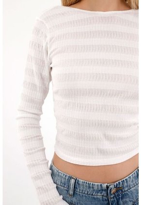 Topmark Camiseta Manga Larga Con Textura A Rayas Crudo Para Mujer