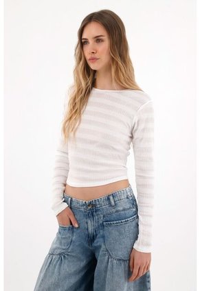 Topmark Camiseta Manga Larga Con Textura A Rayas Crudo Para Mujer