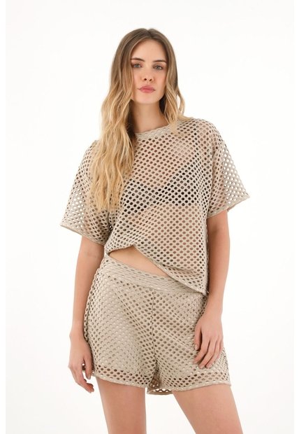 Topmark Camiseta Oversize En Tela Tipo Malla Café Para Mujer