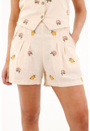 Bermuda Con Flores Bordadas Crudo Para Mujer