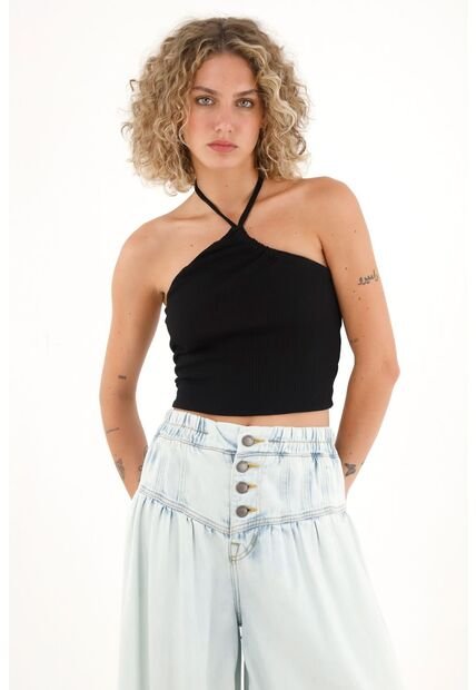 Topmark Camiseta Crop De Tiras Que Anudan En Cuello Negra Para Mujer