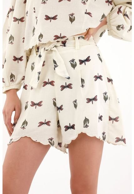 Short Estampado Con Cintutón Crudo Para Mujer