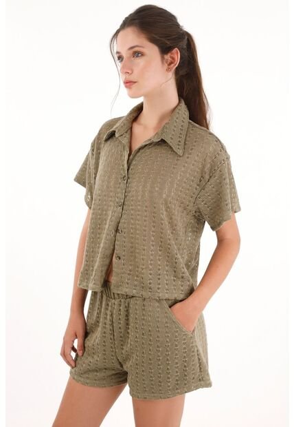 Topmark Camisa Tejida Manga Corta Verde Para Mujer