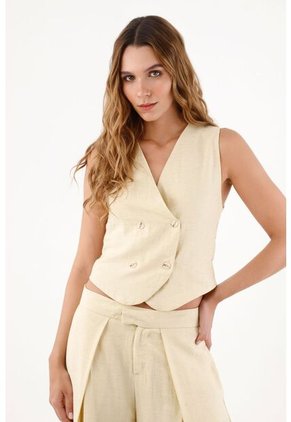 Topmark Chaleco Para Mujer En Lino Beige Entallado Con Doble Botonadura Cruzada