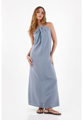 Topmark Vestido Para Mujer De Viscosa Azul Humo Relajado Con Escote Halter Anudado