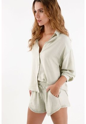 Topmark Camisa Para Mujer De Viscosa Verde Salvia Relaxed Fit Con Textura Arrugada