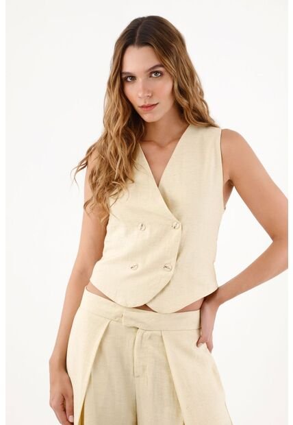 Topmark Chaleco Para Mujer En Lino Beige Entallado Con Doble Botonadura Cruzada