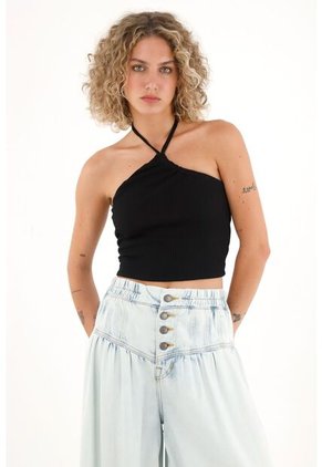 Topmark Camiseta Crop De Tiras Que Anudan En Cuello Negra Para Mujer