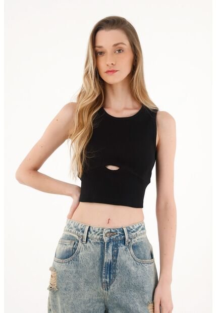 Topmark Camiseta Manga Sisa Negra Con Mini Abertura Para Mujer