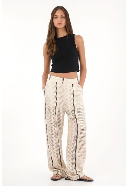 Pantalón Recto Tejido Con Líneas En Contraste Crudo Para Mujer
