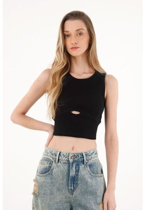 Topmark Camiseta Manga Sisa Negra Con Mini Abertura Para Mujer