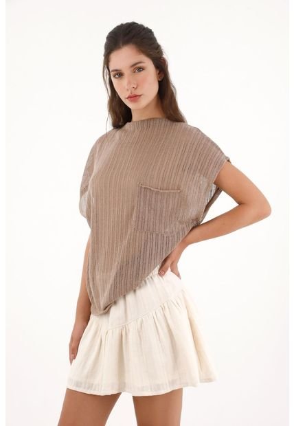 Camiseta En Tela Tejida Con Transparencia Café Para Mujer