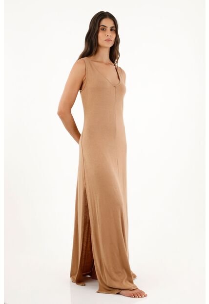 Vestido Café Largo Con Escote En V Para Mujer