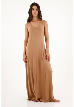 Vestido Café Largo Con Escote En V Para Mujer