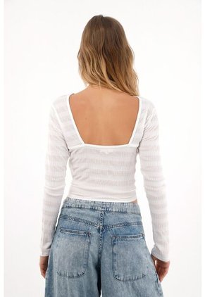 Topmark Camiseta Manga Larga Con Textura A Rayas Crudo Para Mujer