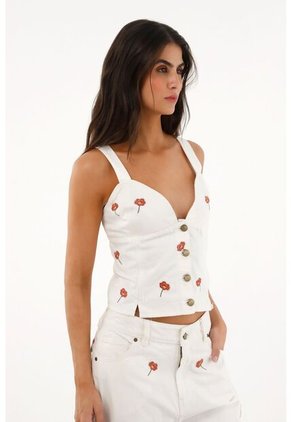 Camisa En Denim Crudo Con Flores Bordadas Para Mujer