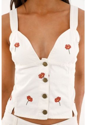 Camisa En Denim Crudo Con Flores Bordadas Para Mujer