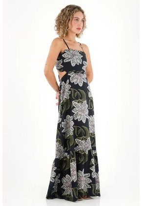 Topmark Vestido Largo Con Estampado Y Cut Out En Cintura Negro Para Mujer