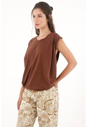 Camiseta Manga Sisa Con Prenses Café Para Mujer